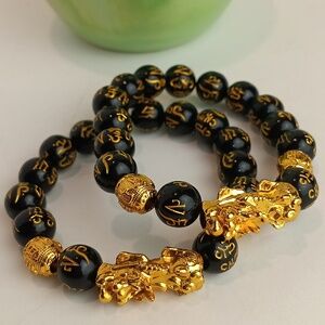 Feng Shui Pixiu Good Luck Chinese Dragon Unisex Obsidia Gold & Black Beads Set